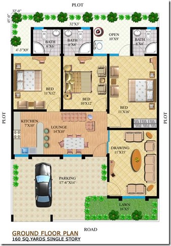 160 Sq. Yds. GROUND FLOOR PLAN